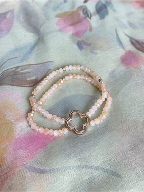 Sparkly Cream + Bronze Faceted Beaded Double-Strand Bracelet with Clover Charm